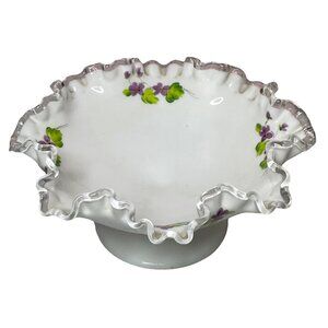 Fenton Art Glass Footed Bowl Violets In the Snow Silver Crest Ruffled Edge 8”